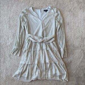 1.STATE Women's Metallic Crinkled Tiered Fit & Flare Dress in Small Silver/Gold